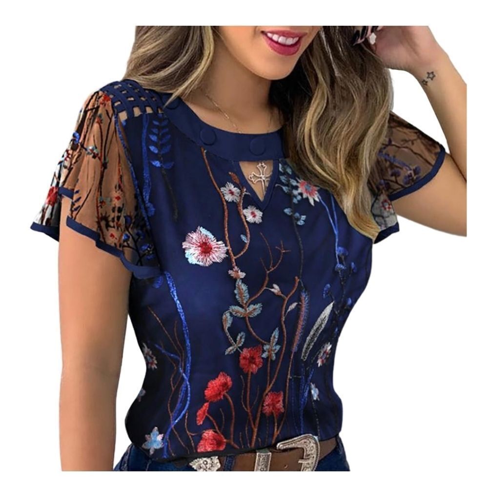 Floral Embroidered Mesh Blouse Women’s Small Blue Sheer Sleeve Top Boho Romantic - Picture 3 of 9